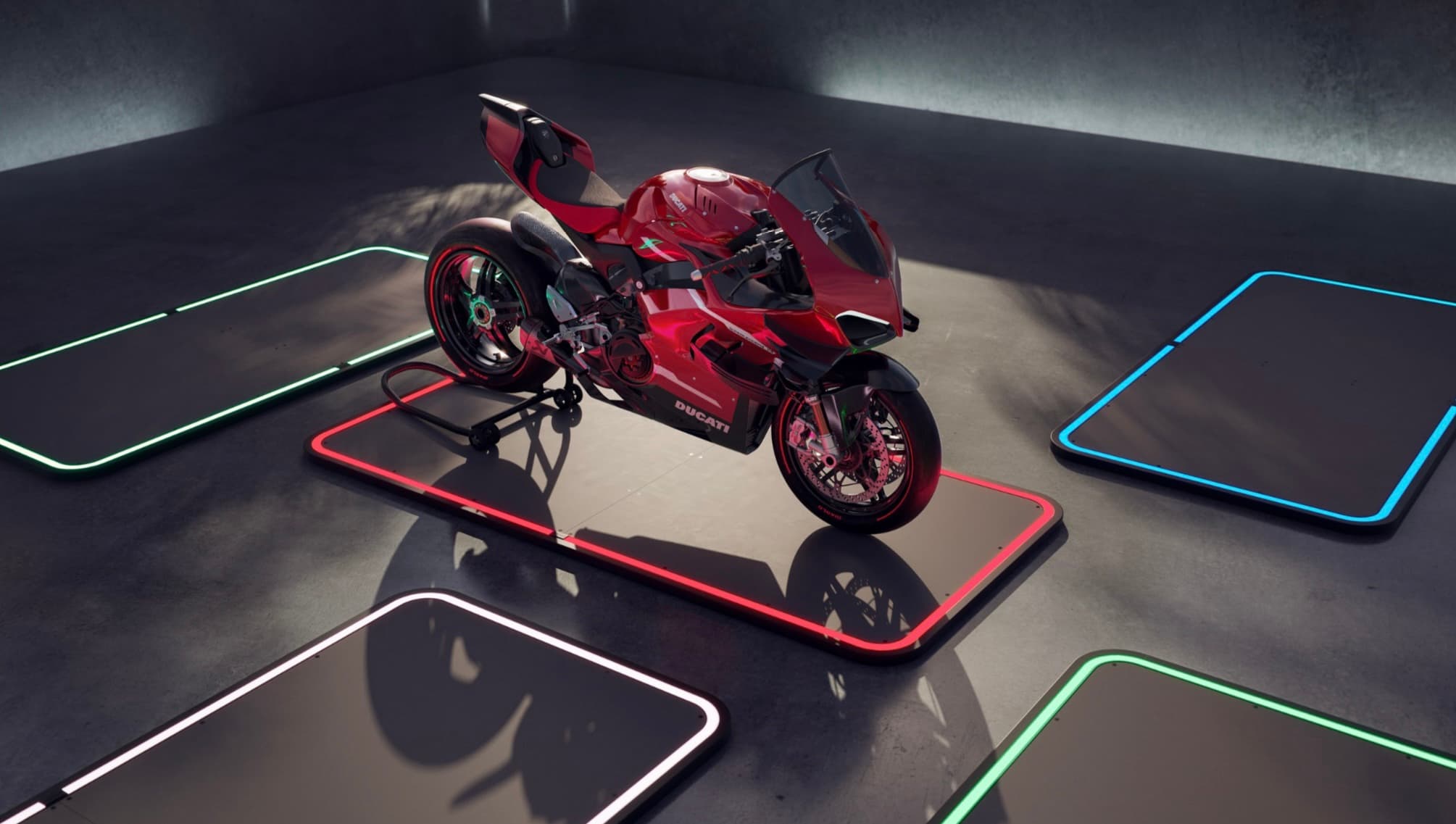 Red sports motorcycle displayed on an illuminated Fahrengold Bikepad