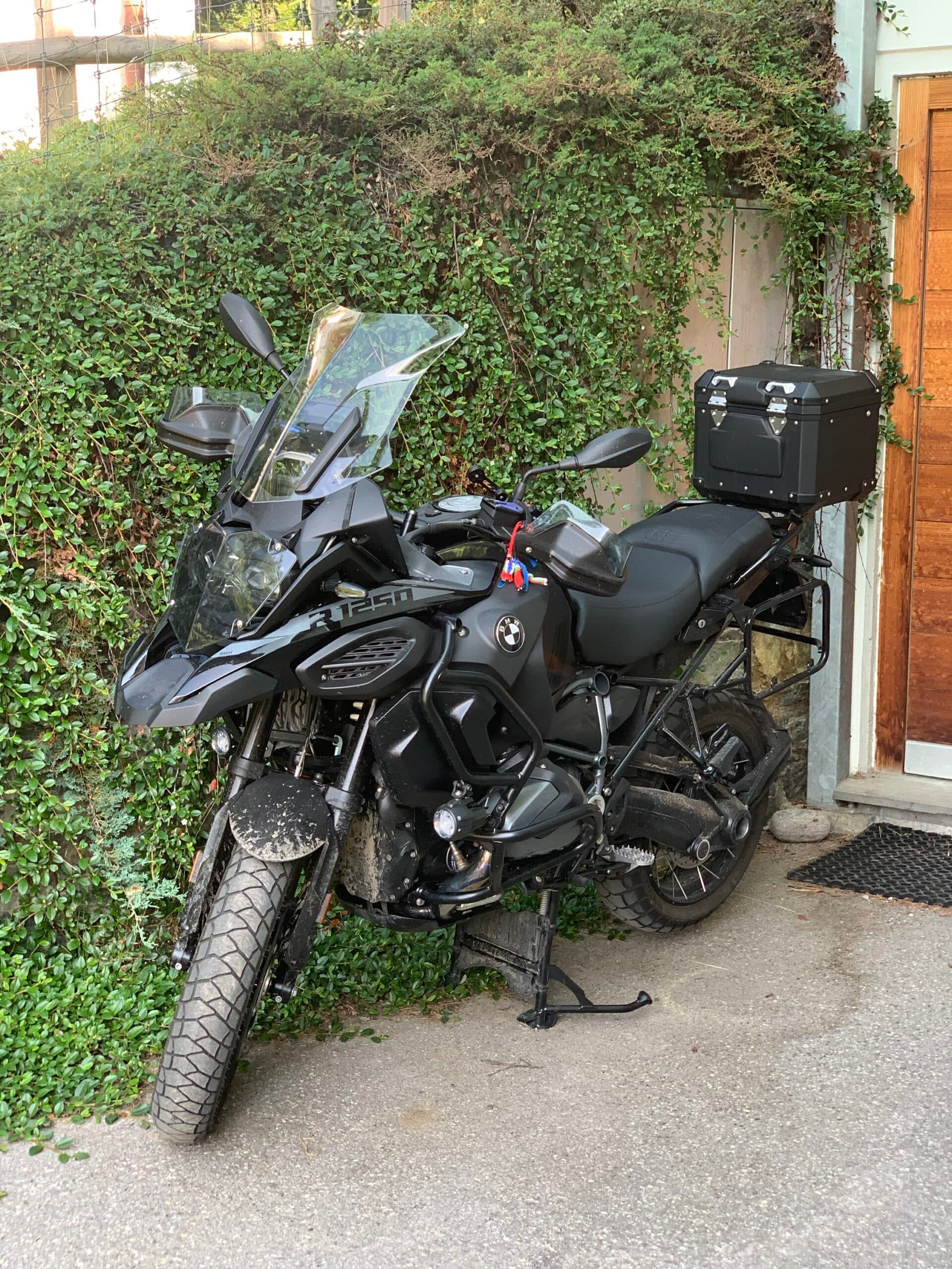 Motorcycle parked with its tires resting on FlexiGel Bike cradles