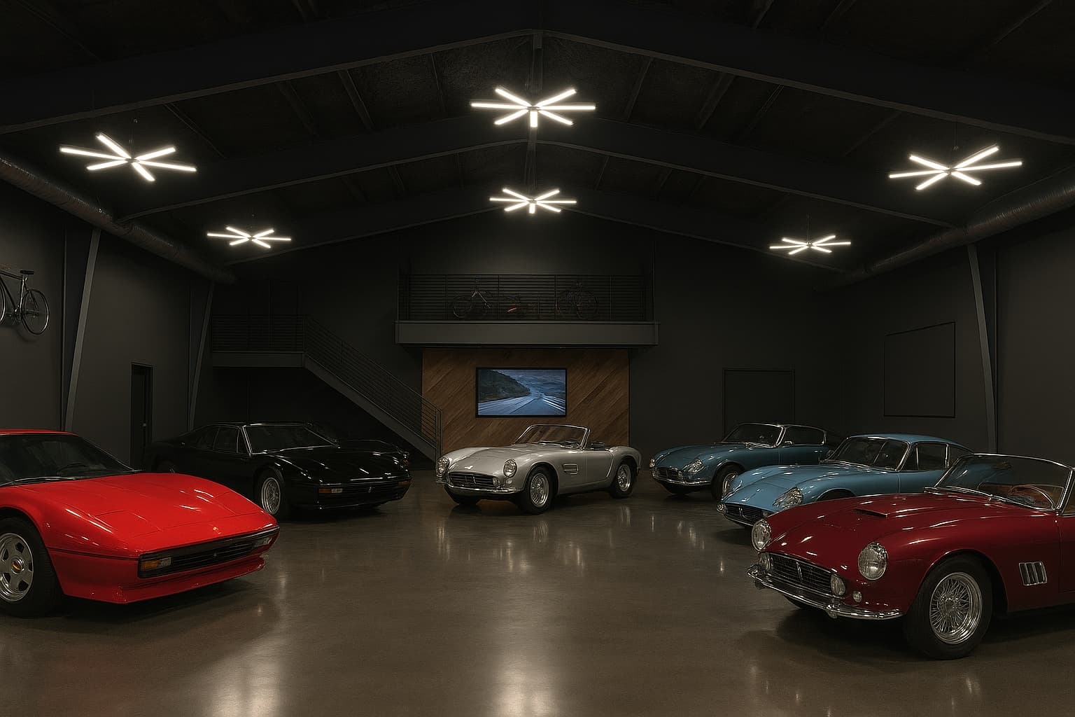 Classic cars stored in a dark, climate-controlled hall