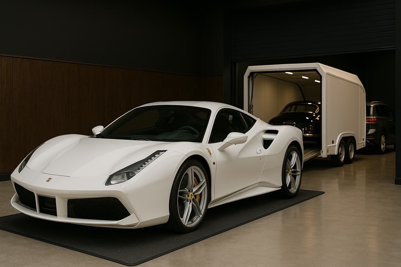White Ferrari next to an enclosed car transporter